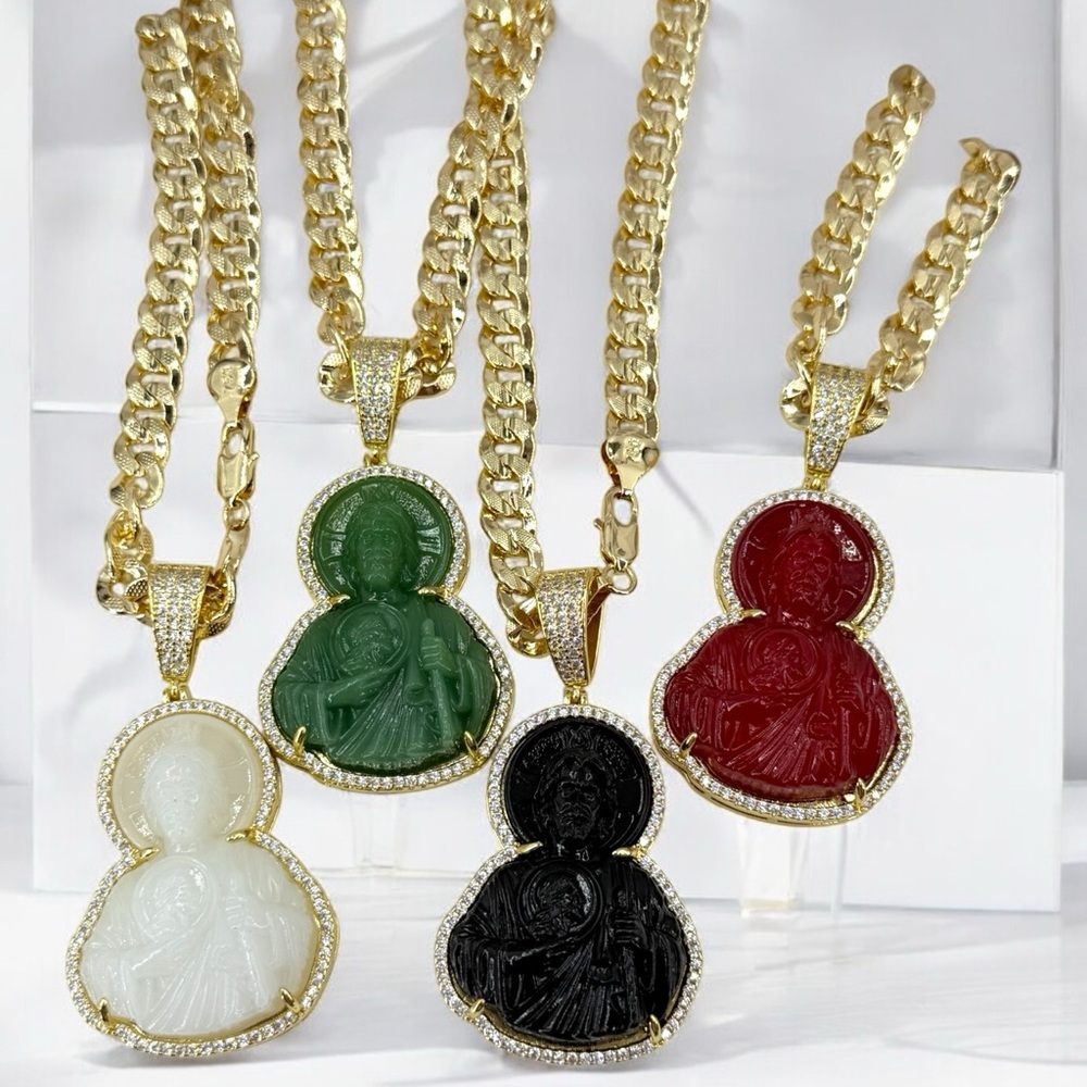 $45 EACHSaint Jude necklace,made of jade stone and cubic zirconia,24kgold plated